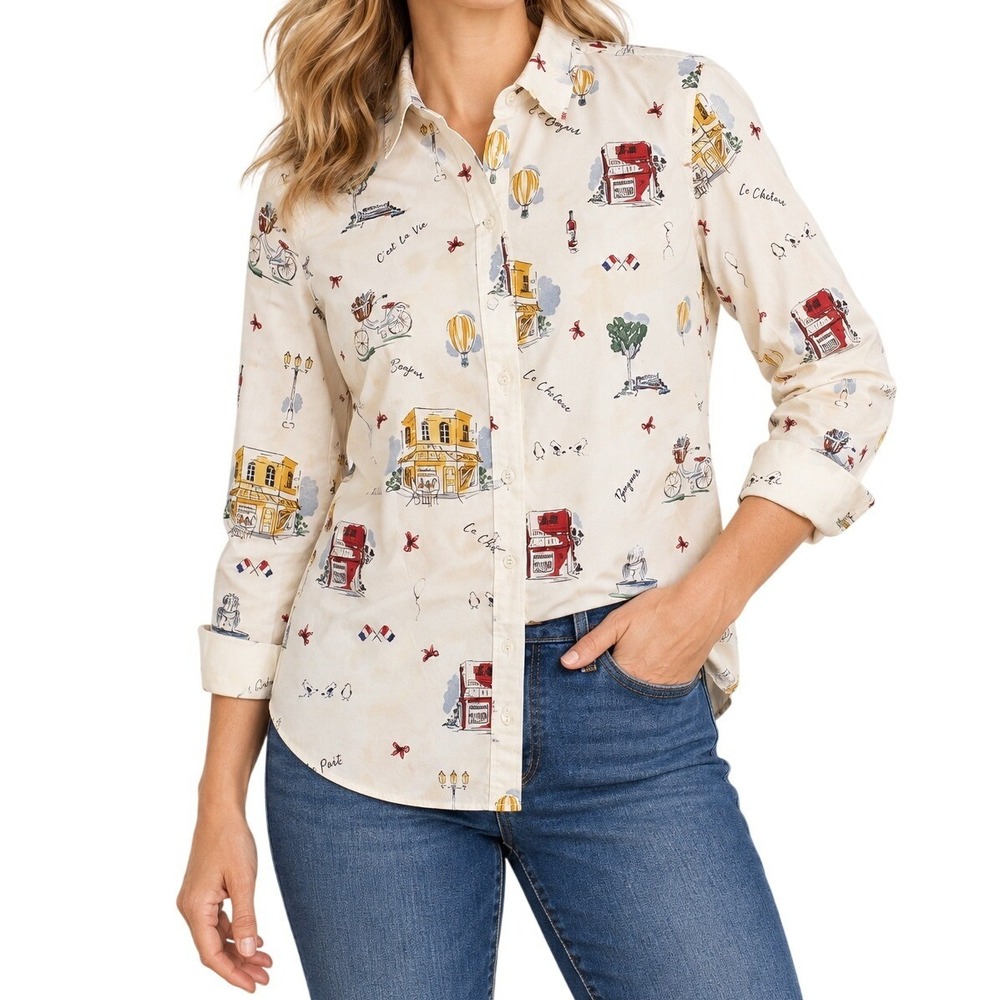 Talbots Ivory Paris Novelty Print Cotton Button Down Shirt Women's Large